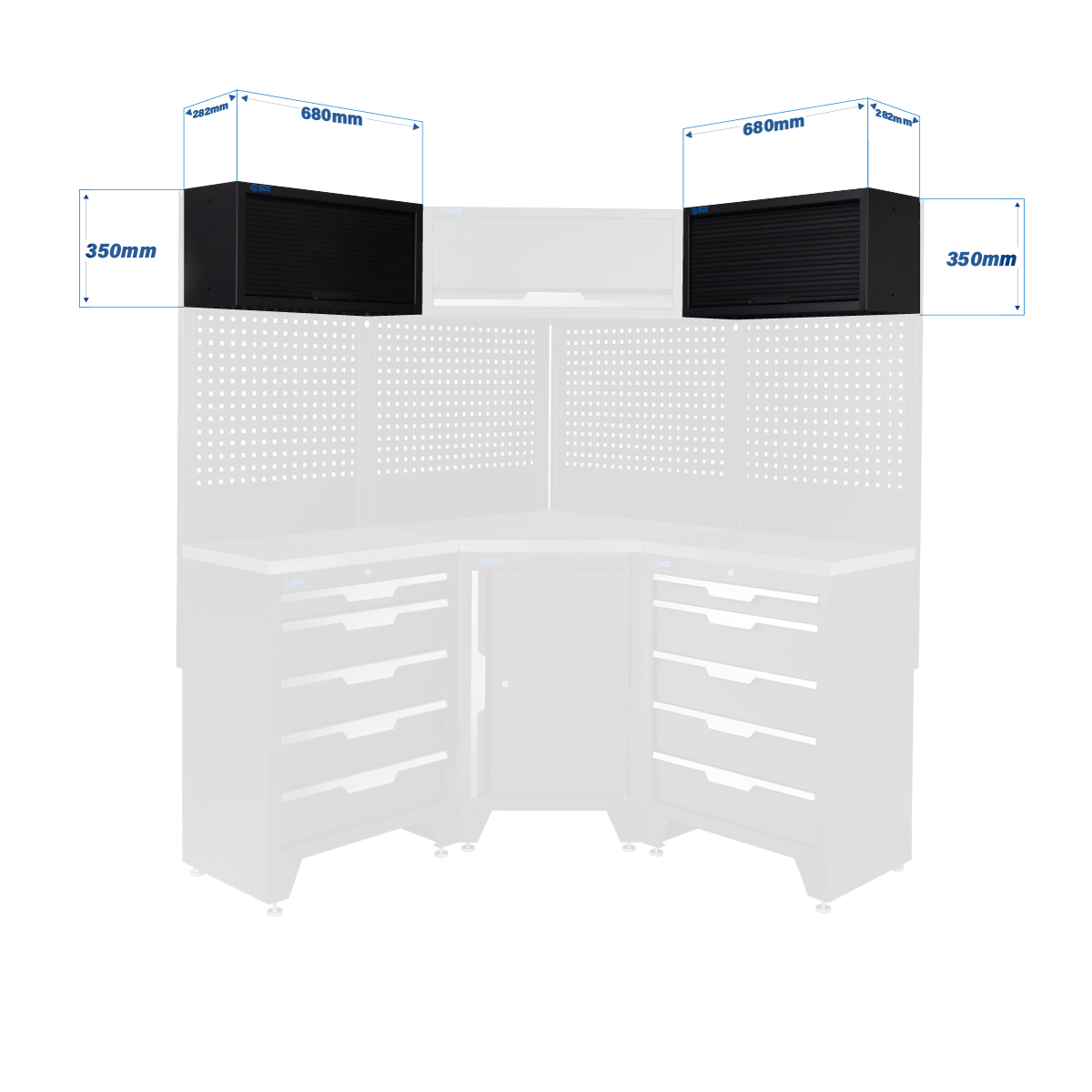 SGS 10pc Corner Garage Storage System | 10 Drawers | Stainless Steel Worktop | Corner Floor Cabinet | 1x Lift-up & 2 Roller Door Wall Cabinets
